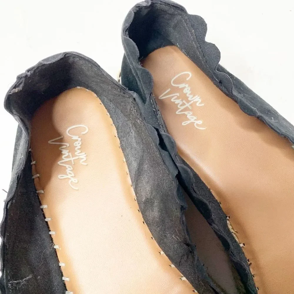 Crown Vintage Brae Espadrille Platform Slip-On Black Suede Scalloped Trim Sz 7.5